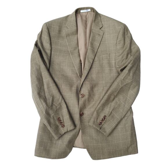 Lauren Ralph Lauren Brown Tan Silk Wool Houndstooth Blazer Jacket Sport Coat 44L - Picture 1 of 11